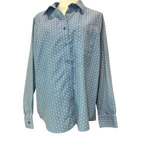 BFA Classic Blue Button Down Shirt L Geometric Floral Print Long Sleeve Blouse